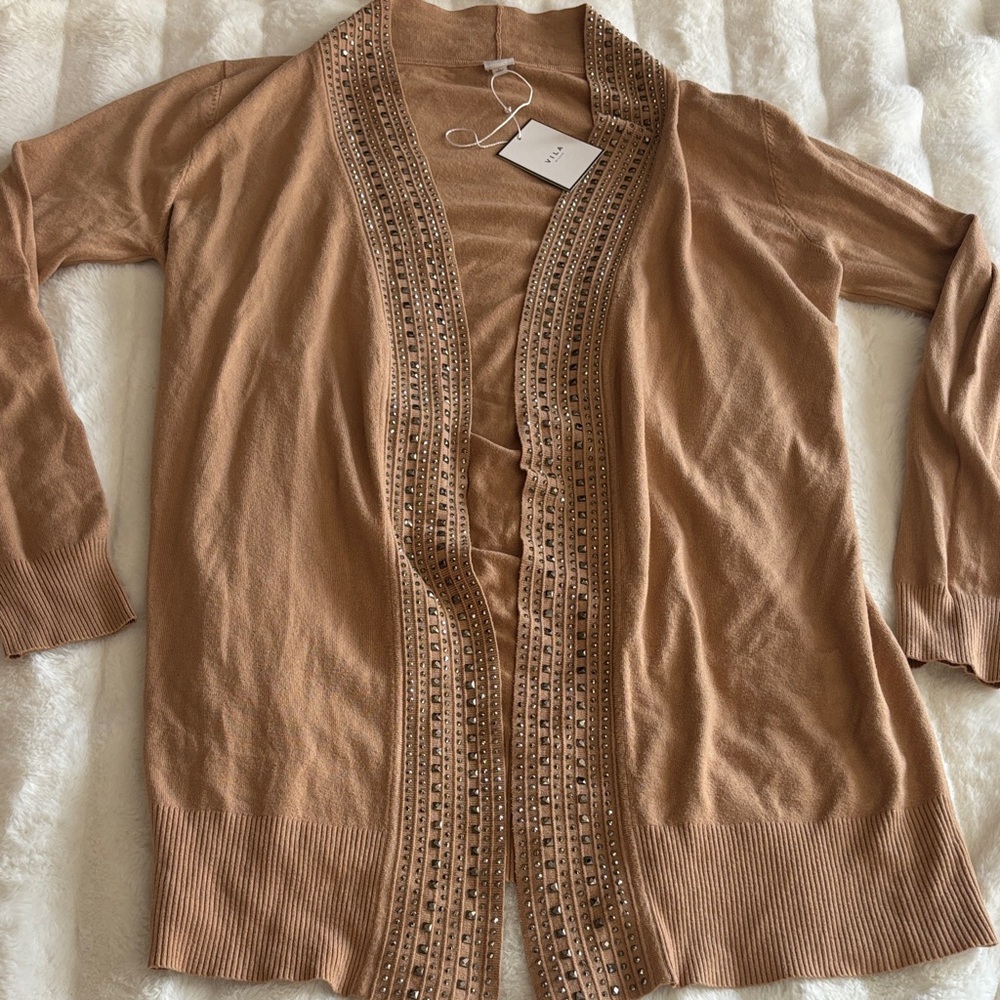 Women’s VILA Tan Brown Embellished Open Front Cardigan NWT NEW Stretchy Soft
